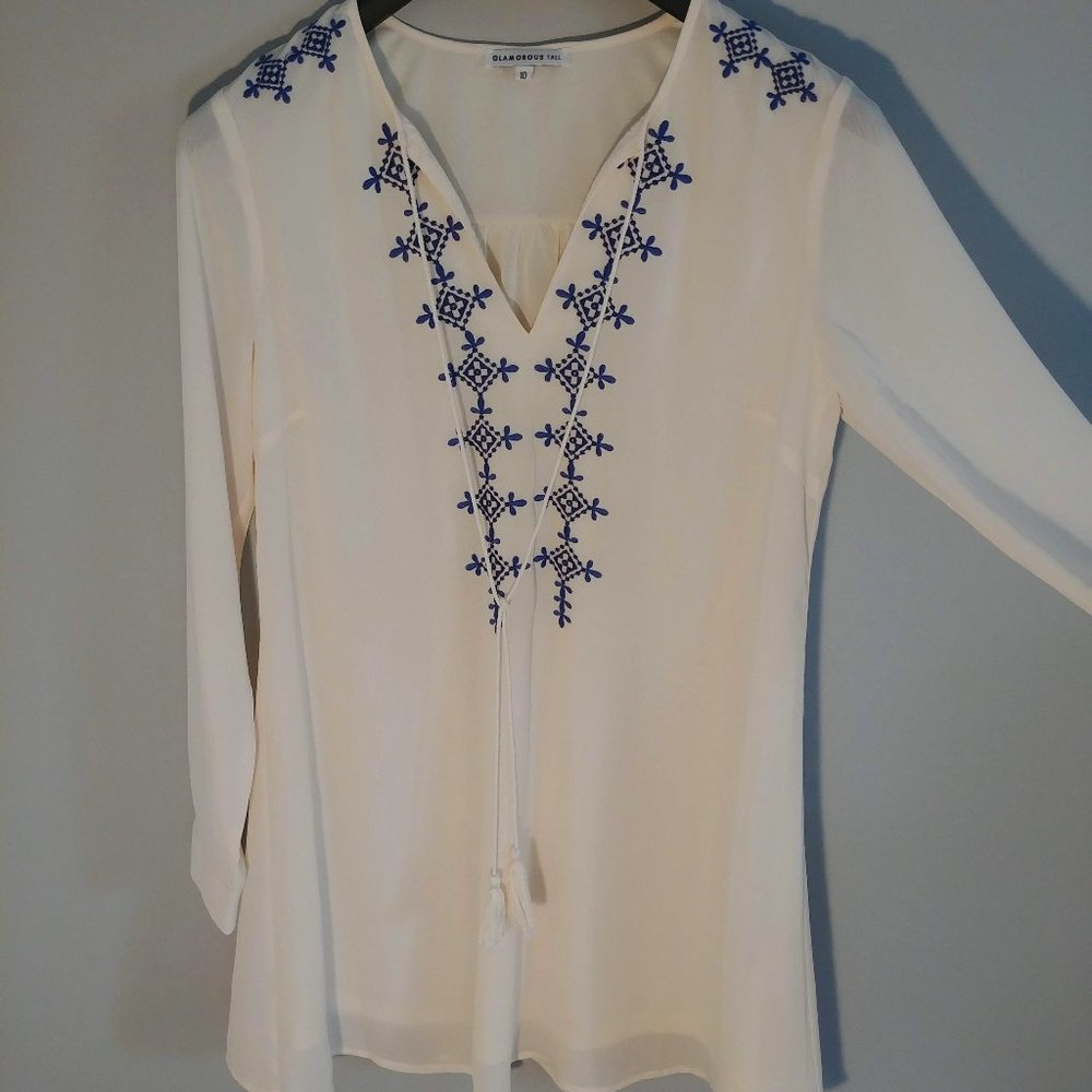 Embroidered White, long-sleeve flowy dress